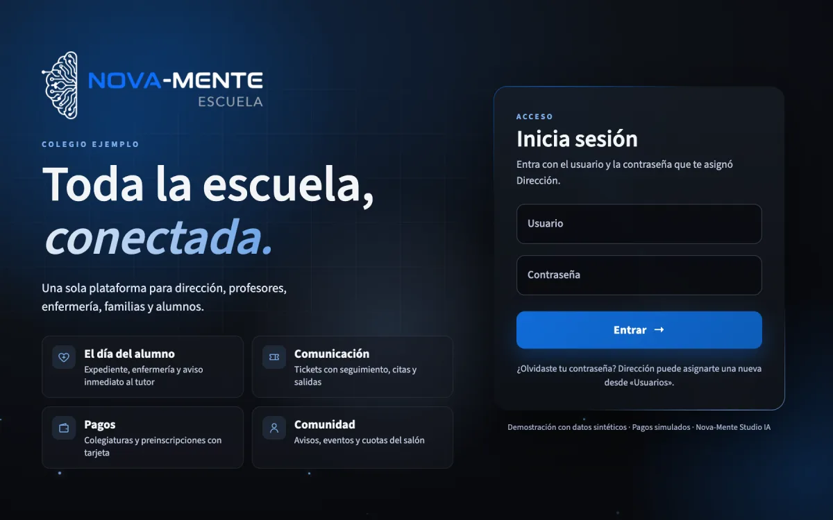 Pantalla de acceso de la demostración de Nova-Mente Escuela con los cuatro frentes: el día del alumno, comunicación, pagos y comunidad