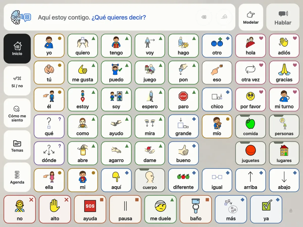 Tablero de comunicación en tableta con pictogramas por color, la barra «Aquí estoy contigo. ¿Qué quieres decir?» y la franja de autodefensa abajo