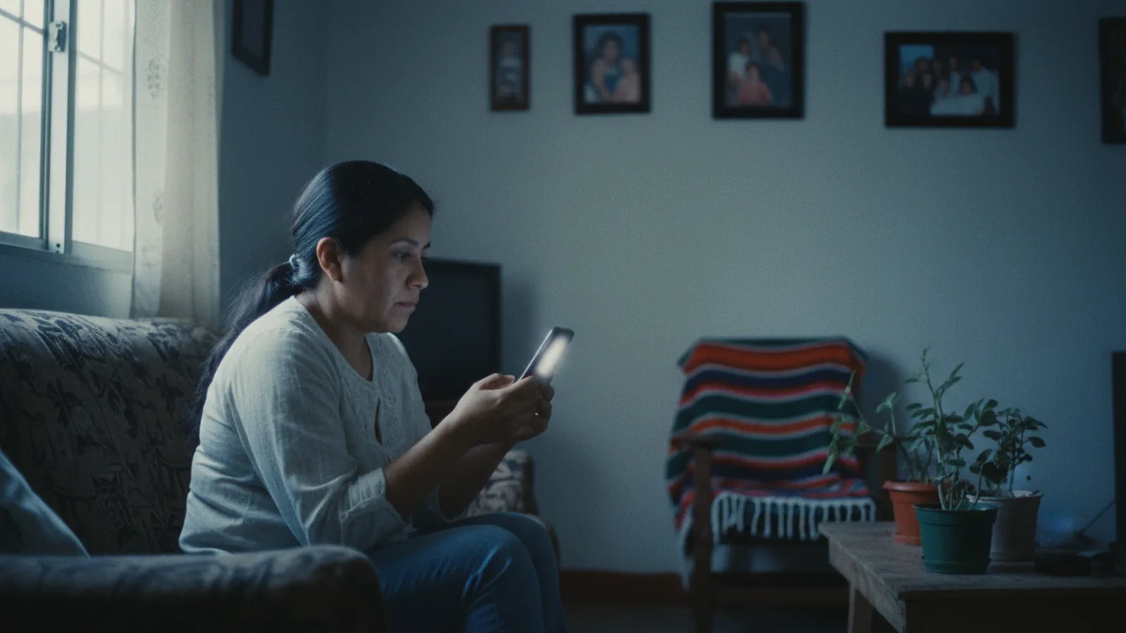 Madre de familia consultando su teléfono sentada en la sala de su casa