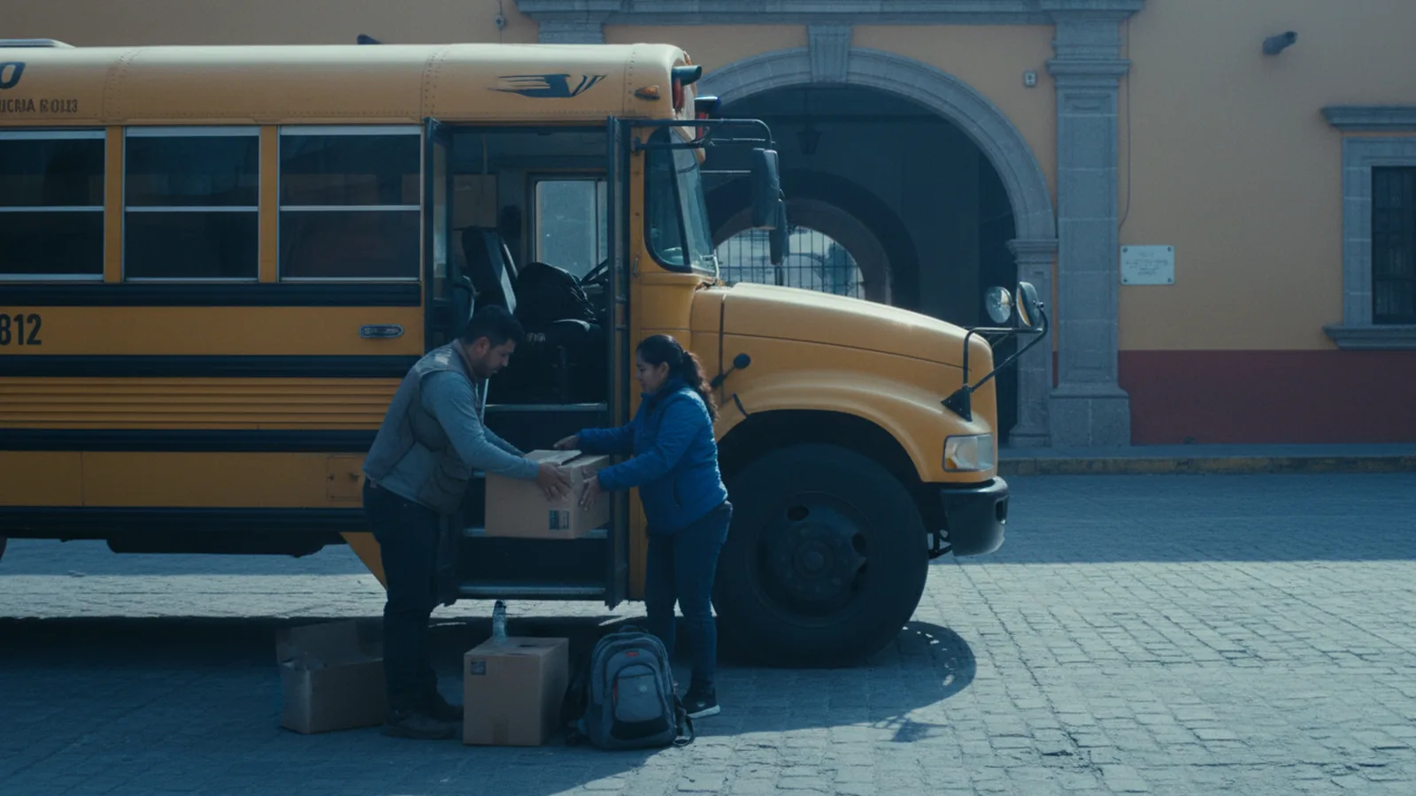 Dos adultos cargando cajas en un autobús escolar estacionado frente a un colegio