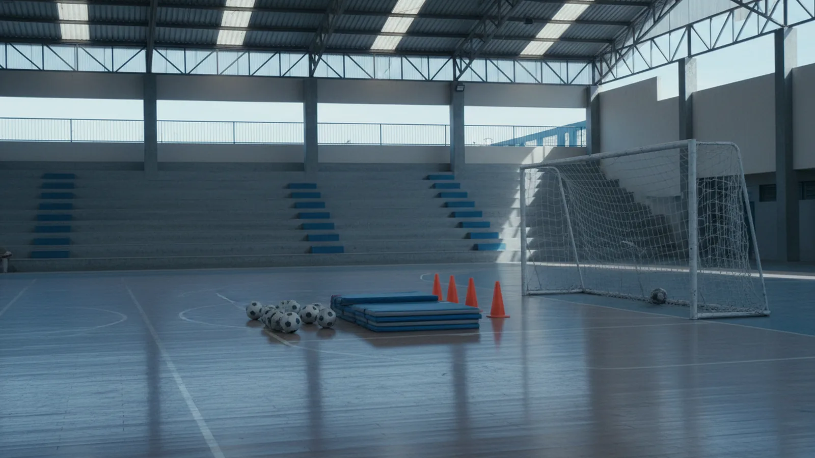 Cancha techada de un colegio con balones, conos y colchonetas ordenados