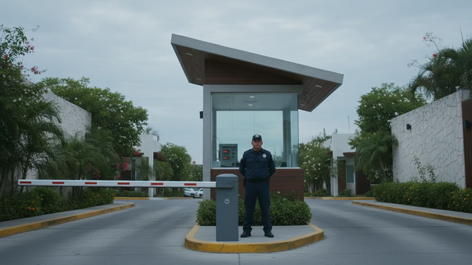 Caseta de vigilancia con la pluma de acceso bajada y el guardia dentro