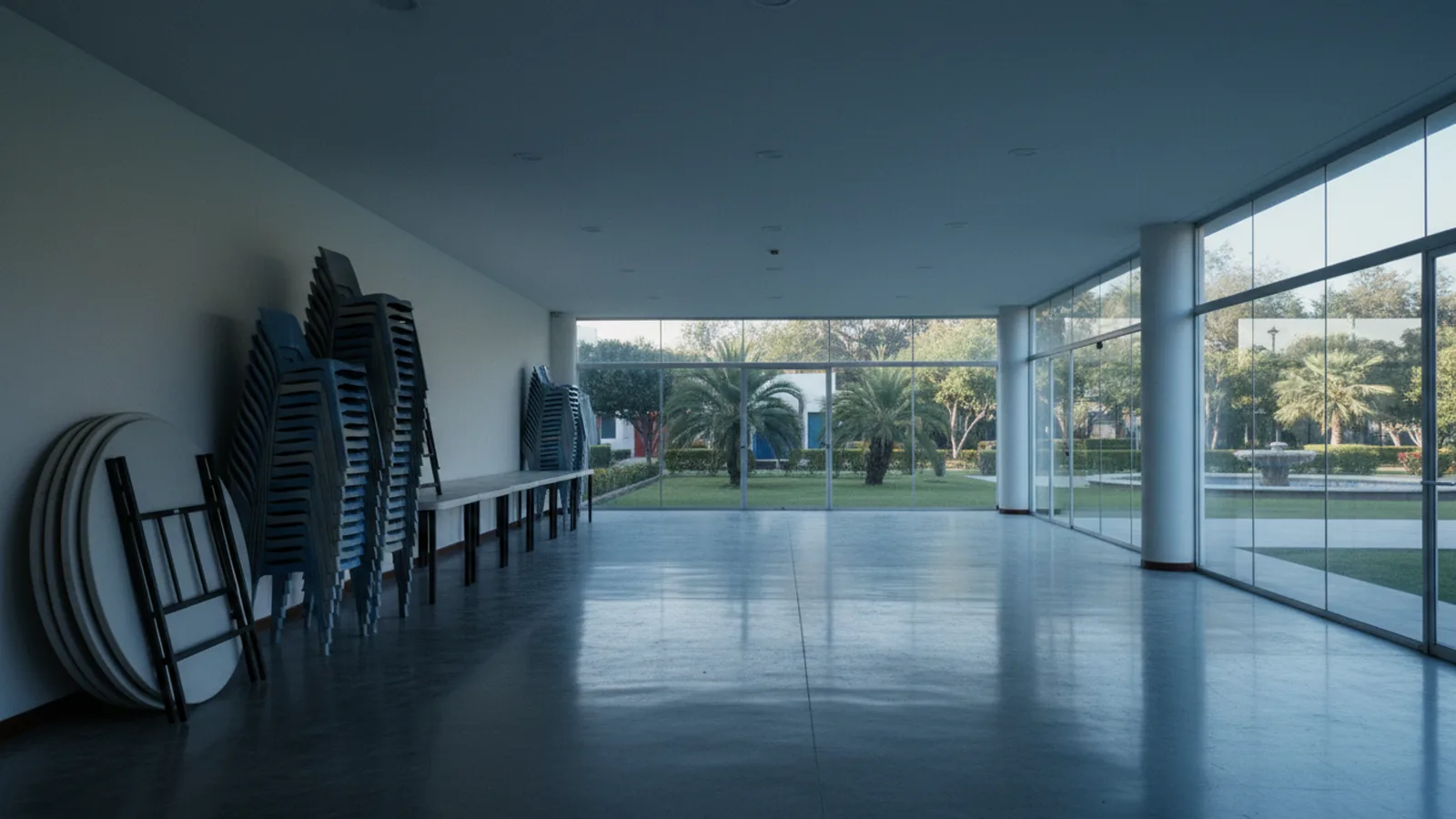 Salón de eventos vacío de un fraccionamiento con las mesas y sillas recogidas