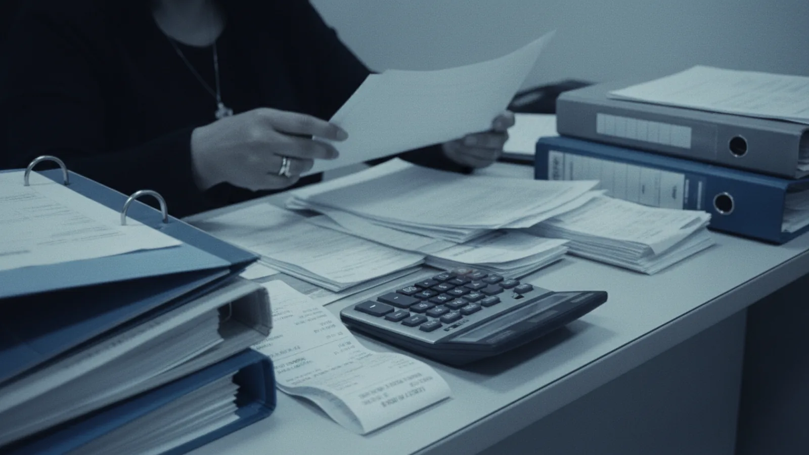 Escritorio de la administración de un condominio con recibos, carpetas y calculadora