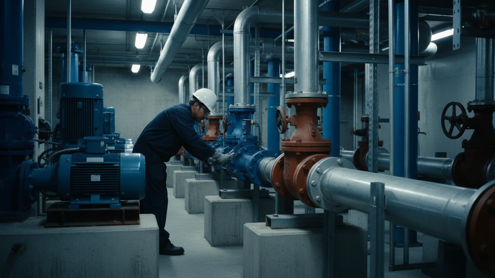 Técnico revisando una válvula en el cuarto de máquinas de un condominio