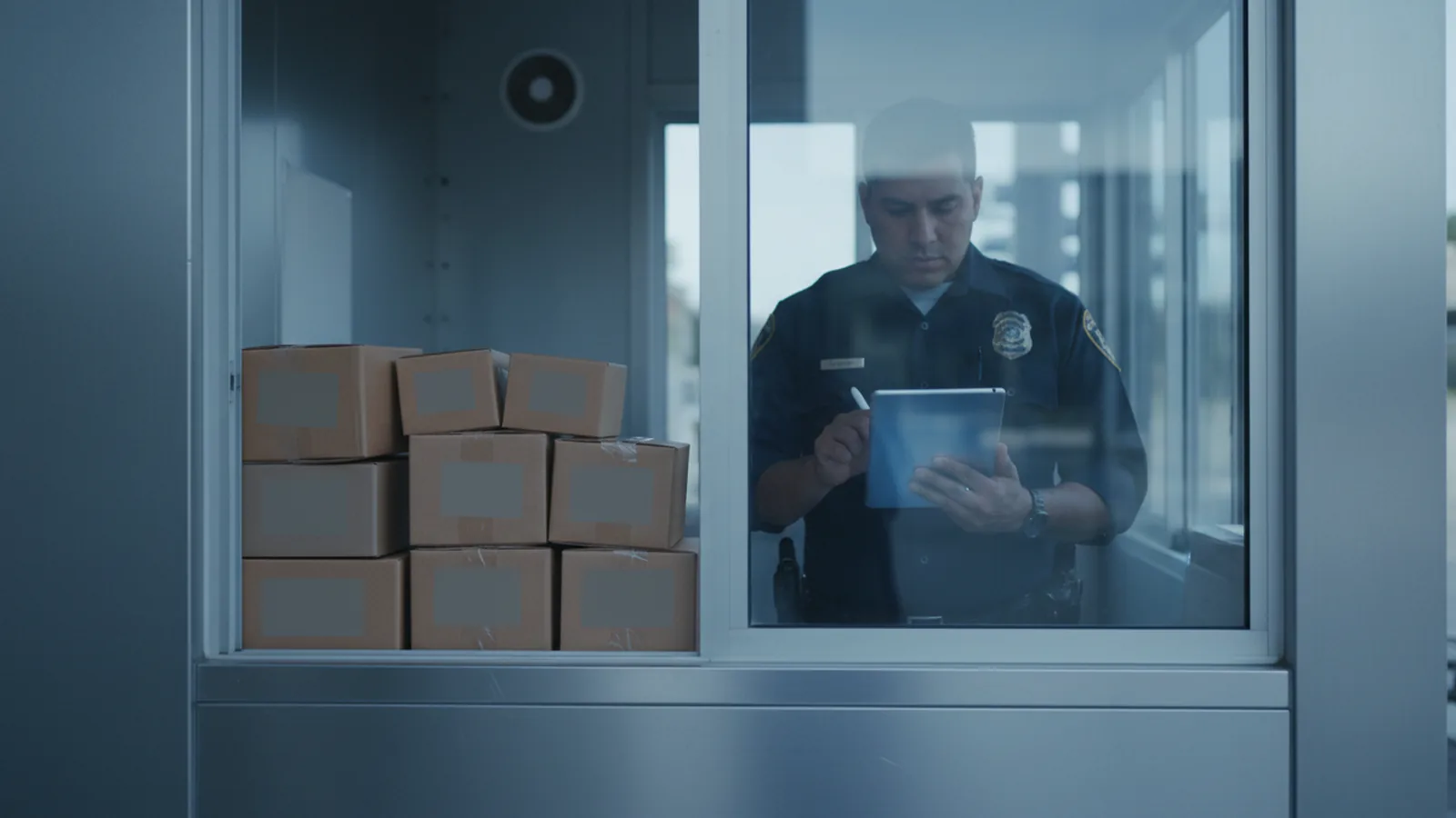 Cajas de paquetería apiladas en el mostrador de la caseta mientras el guardia registra la entrega