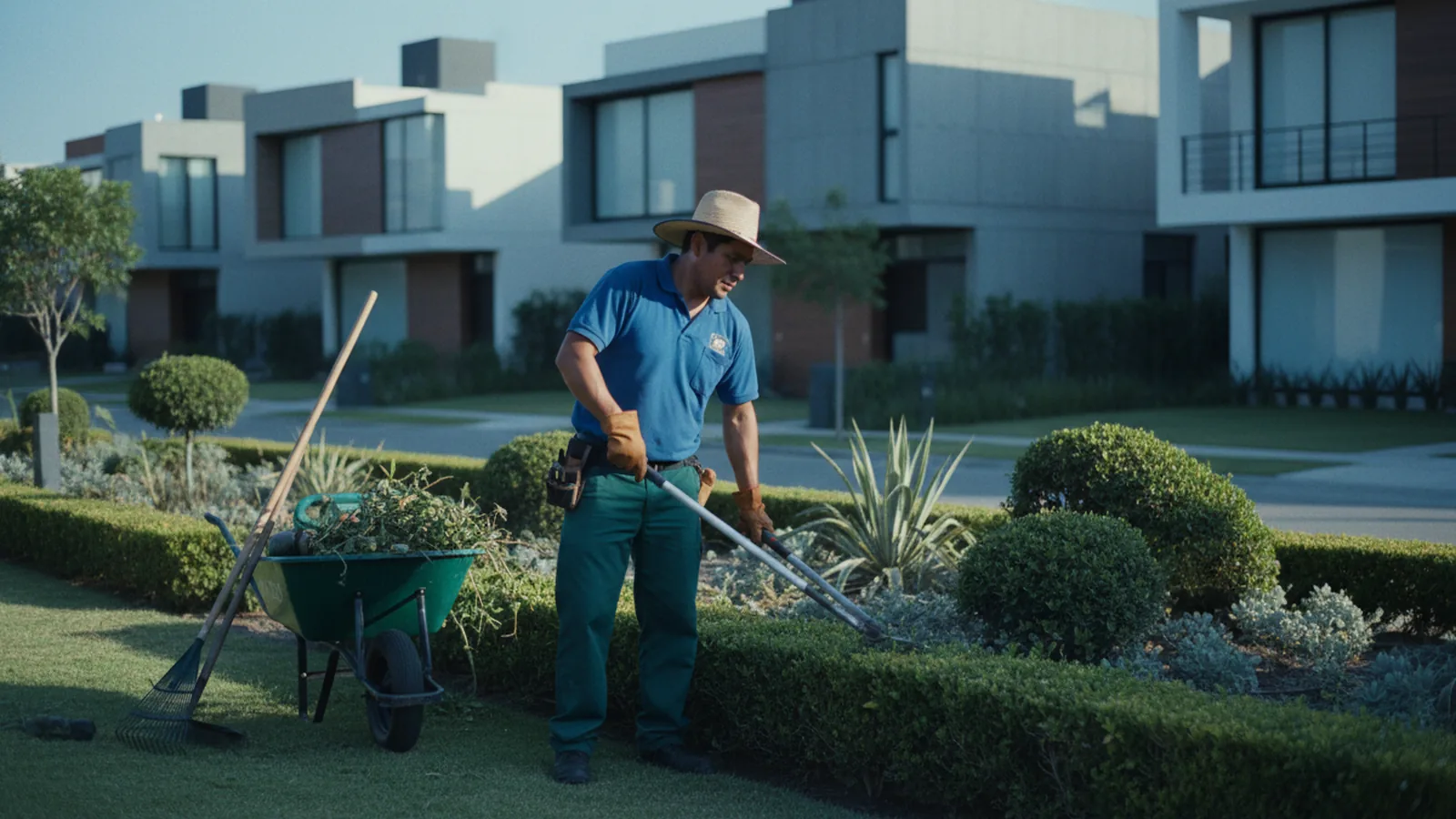 Jardinero podando setos en el camellón de un fraccionamiento residencial