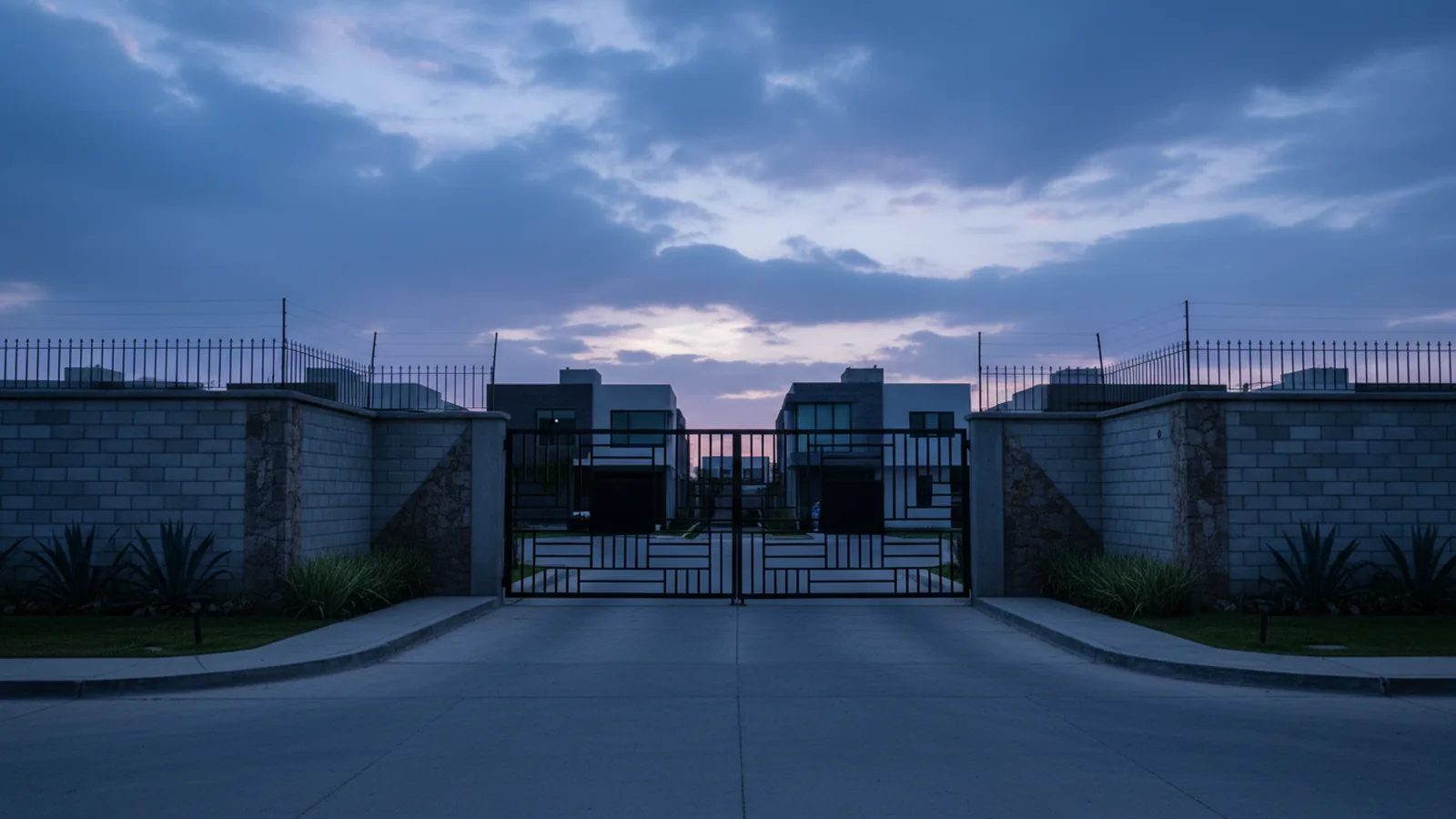 Portón de acceso y barda perimetral de un fraccionamiento residencial al atardecer