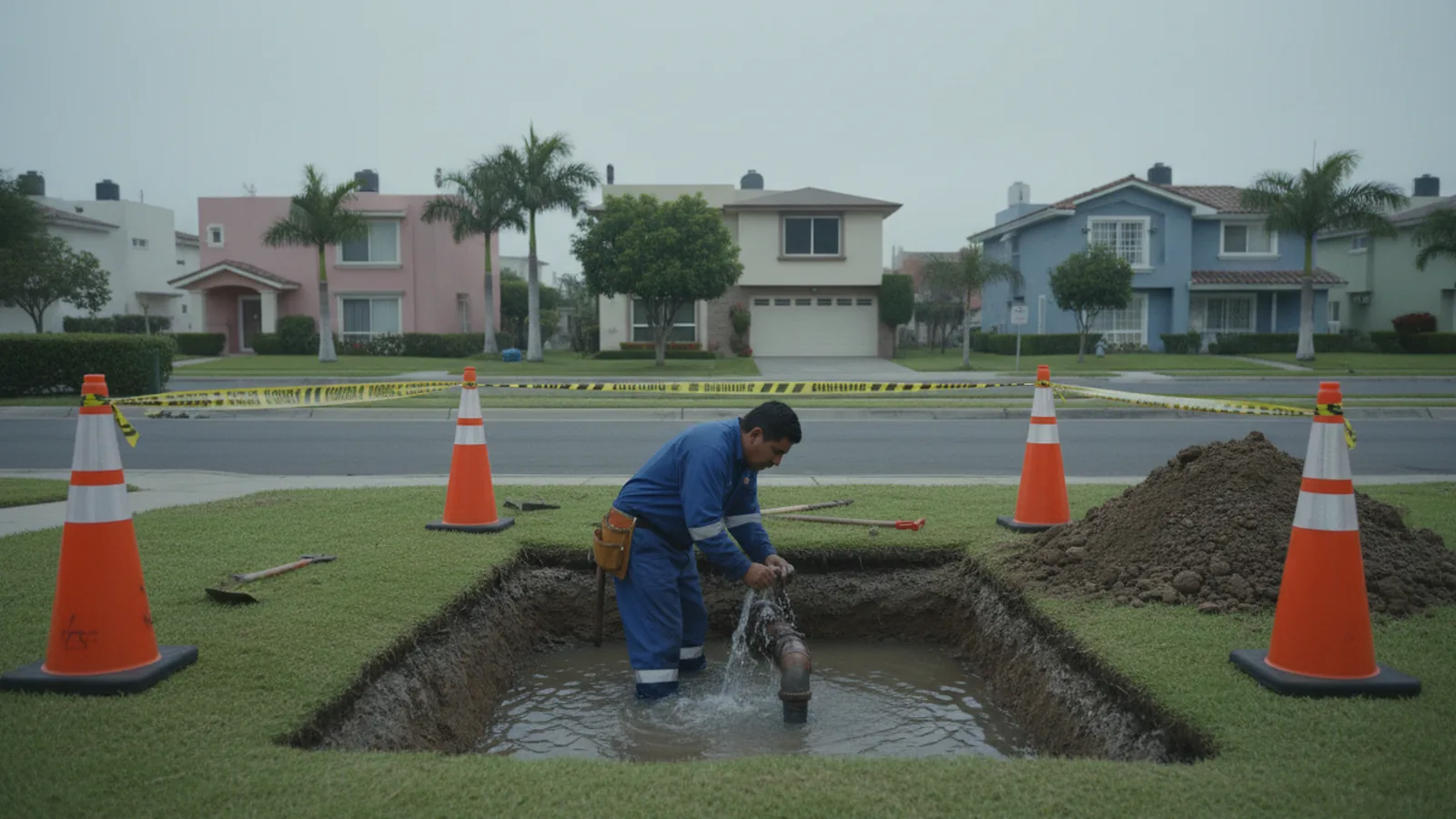 Técnico reparando una fuga de agua en el camellón de un fraccionamiento