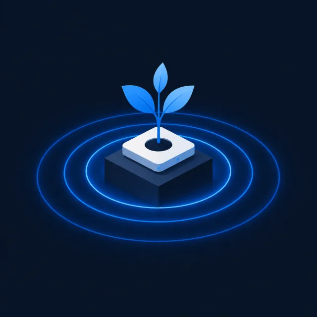 Ilustración: Una planta que brota de un dispositivo con anillos de luz