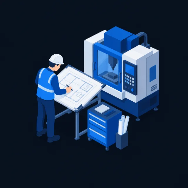 Ilustración: Ingeniero dibujando un plano junto a una máquina