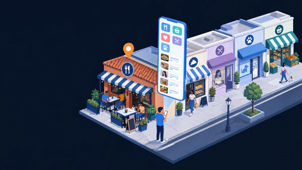 Ilustración: una esquina con negocios locales —fonda, café, estética, veterinaria y tienda— y un vecino que los encuentra en su teléfono