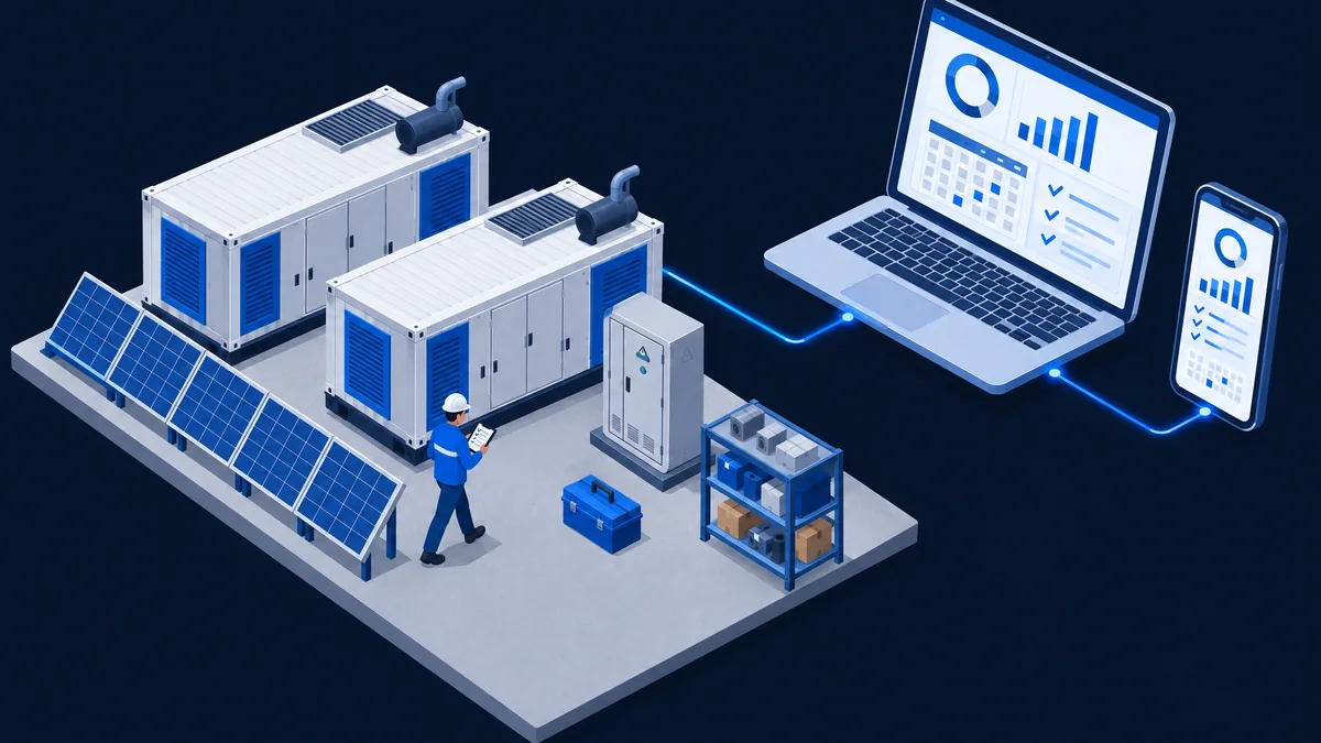 Ilustración: un técnico con casco hace su ronda junto a dos motogeneradores y paneles solares, conectados por líneas de luz a una laptop y un teléfono con tableros