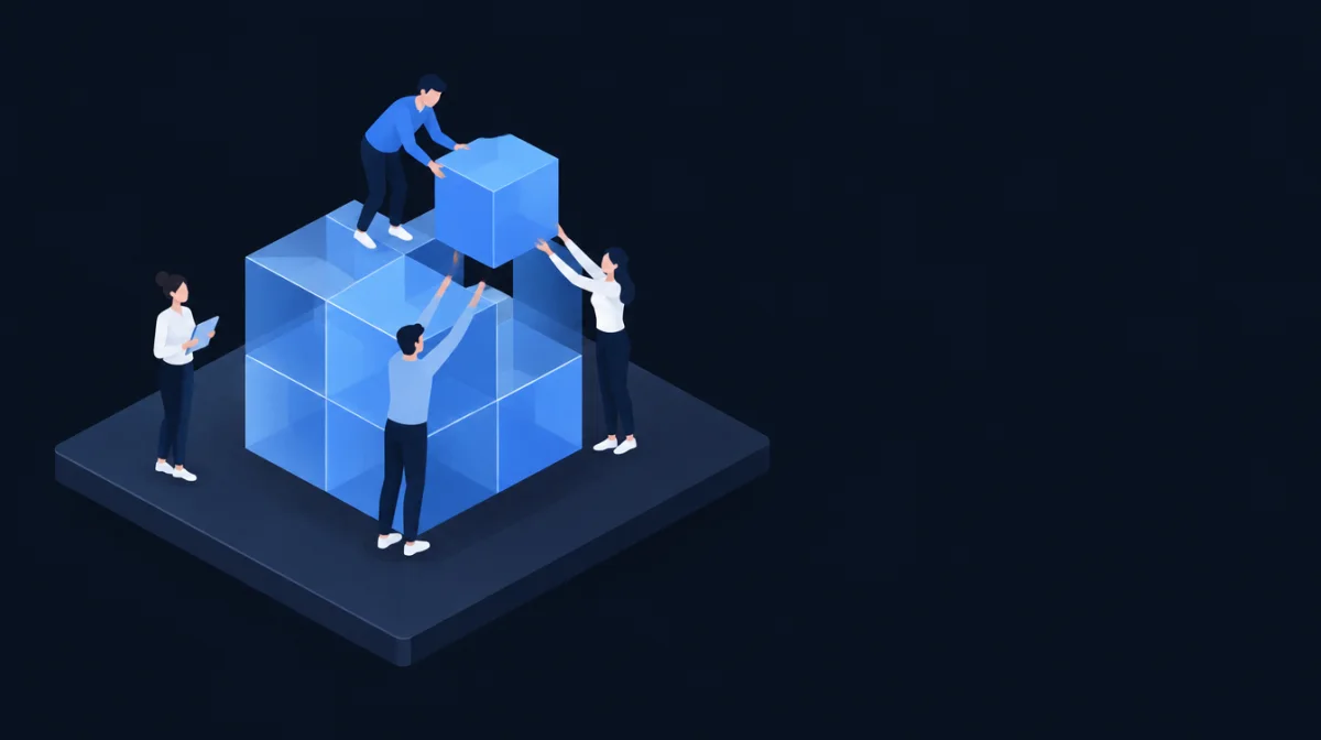 Ilustración: un equipo arma una plataforma con bloques modulares