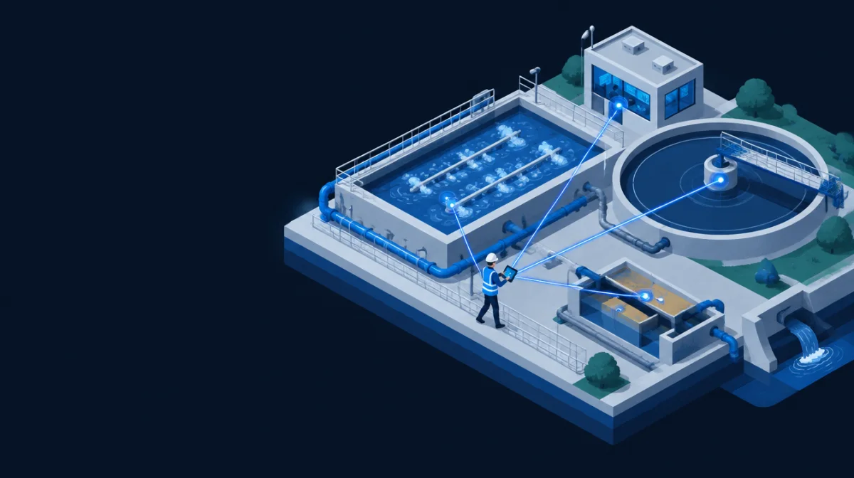 Ilustración: un operador con casco recorre una planta de tratamiento con su tableta conectada por líneas de luz al tanque de aireación y al clarificador