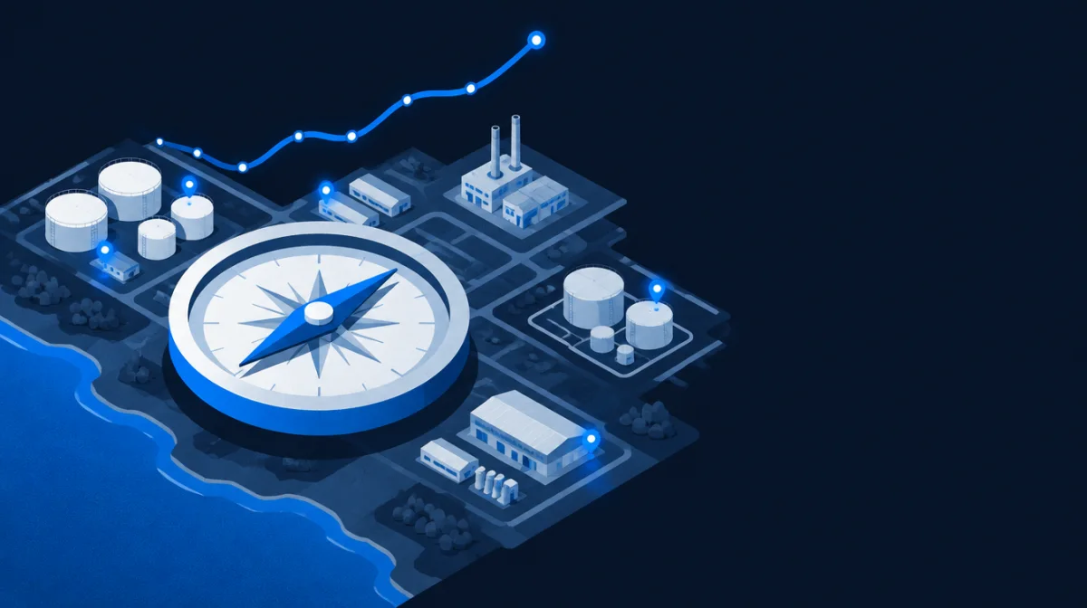 Ilustración: una brújula sobre el mapa de una planta industrial con puntos iluminados y una línea de tendencia al alza
