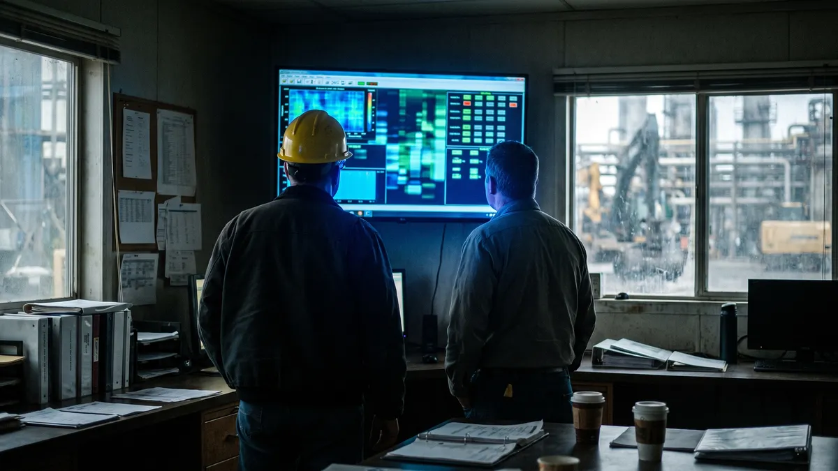 Dos personas revisando indicadores en una pantalla dentro de una planta