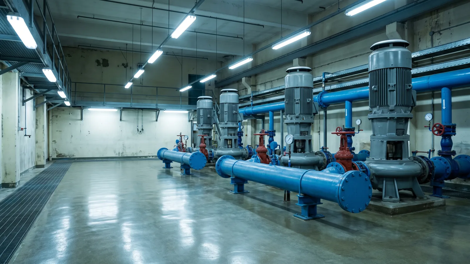 Estación de bombeo de agua potable con bombas verticales y tubería azul