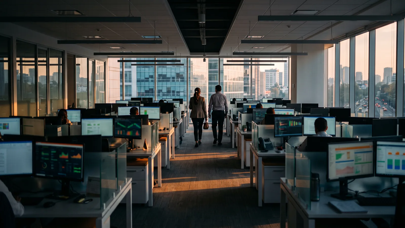 Piso de oficinas de un grupo empresarial con tableros en las pantallas al atardecer