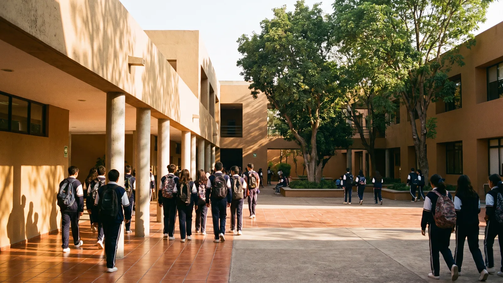 Alumnos de uniforme cruzando el patio de un colegio a media mañana