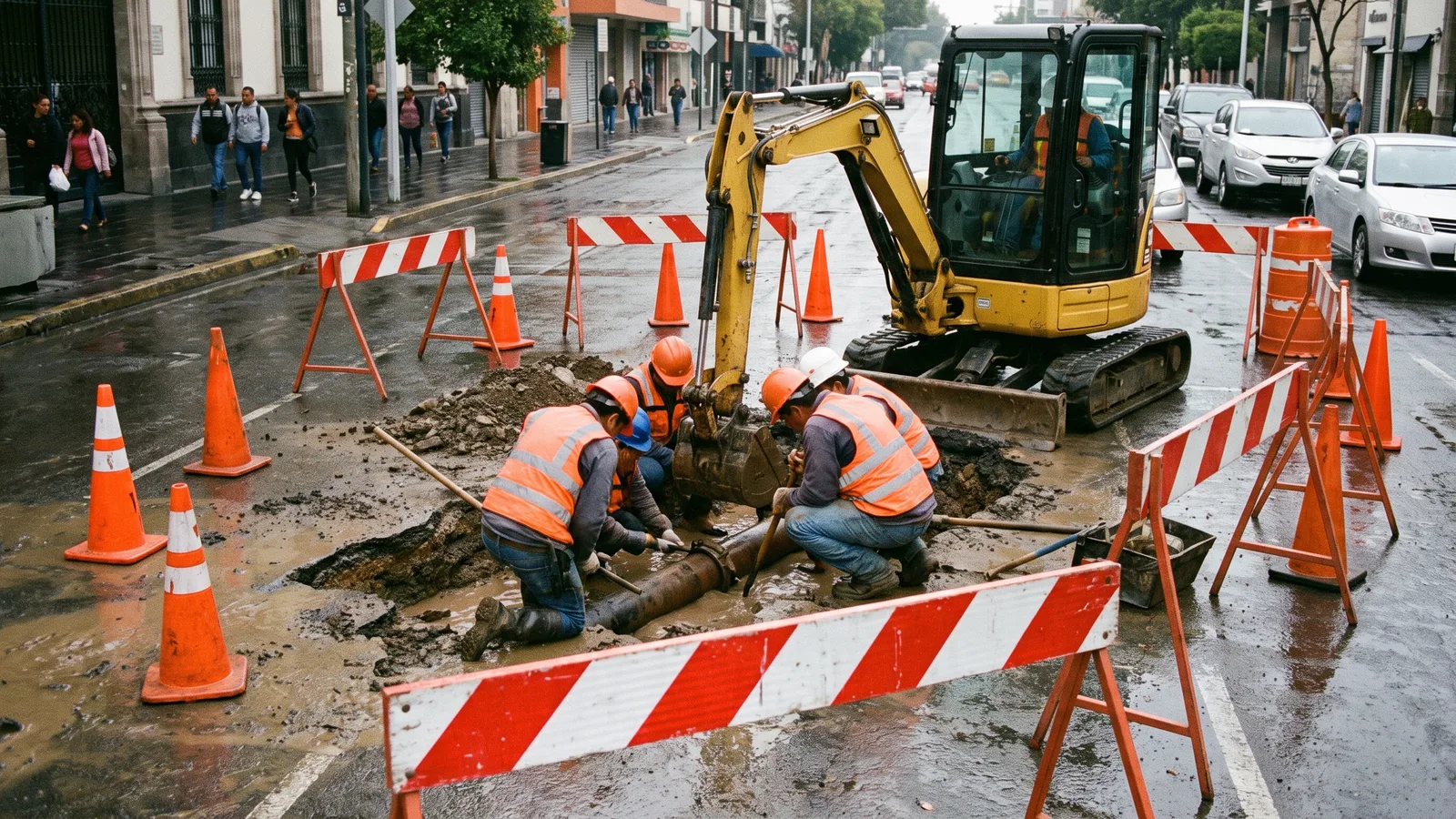 Cuadrilla municipal reparando una tubería en la calle
