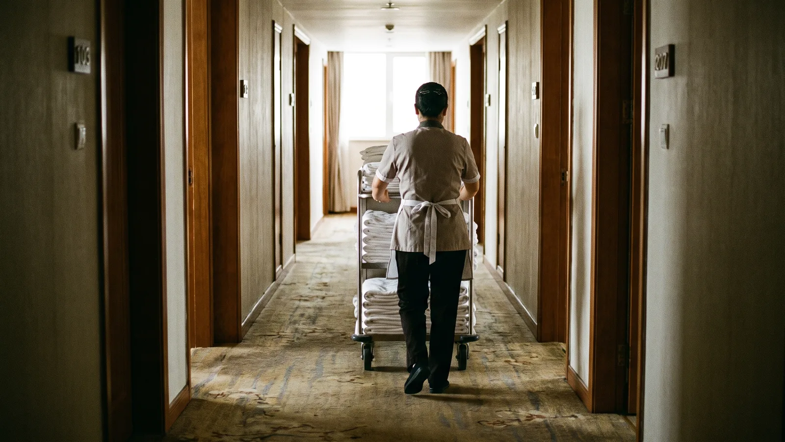 Camarista con carrito de servicio en el pasillo de un hotel