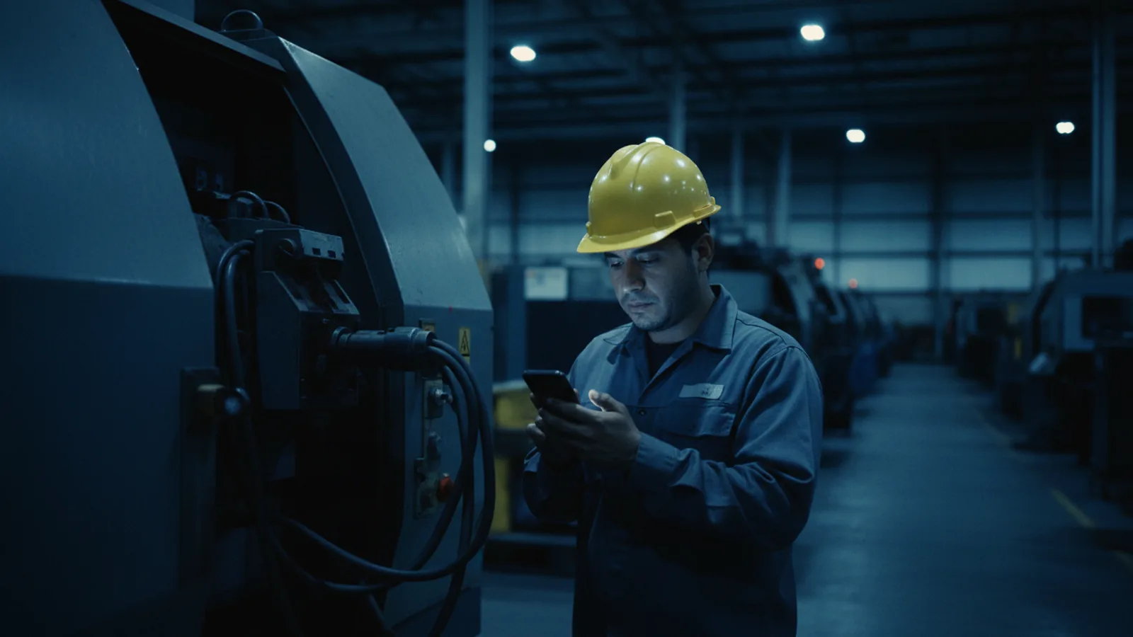 Técnico consultando el celular junto a una máquina detenida en el turno de noche