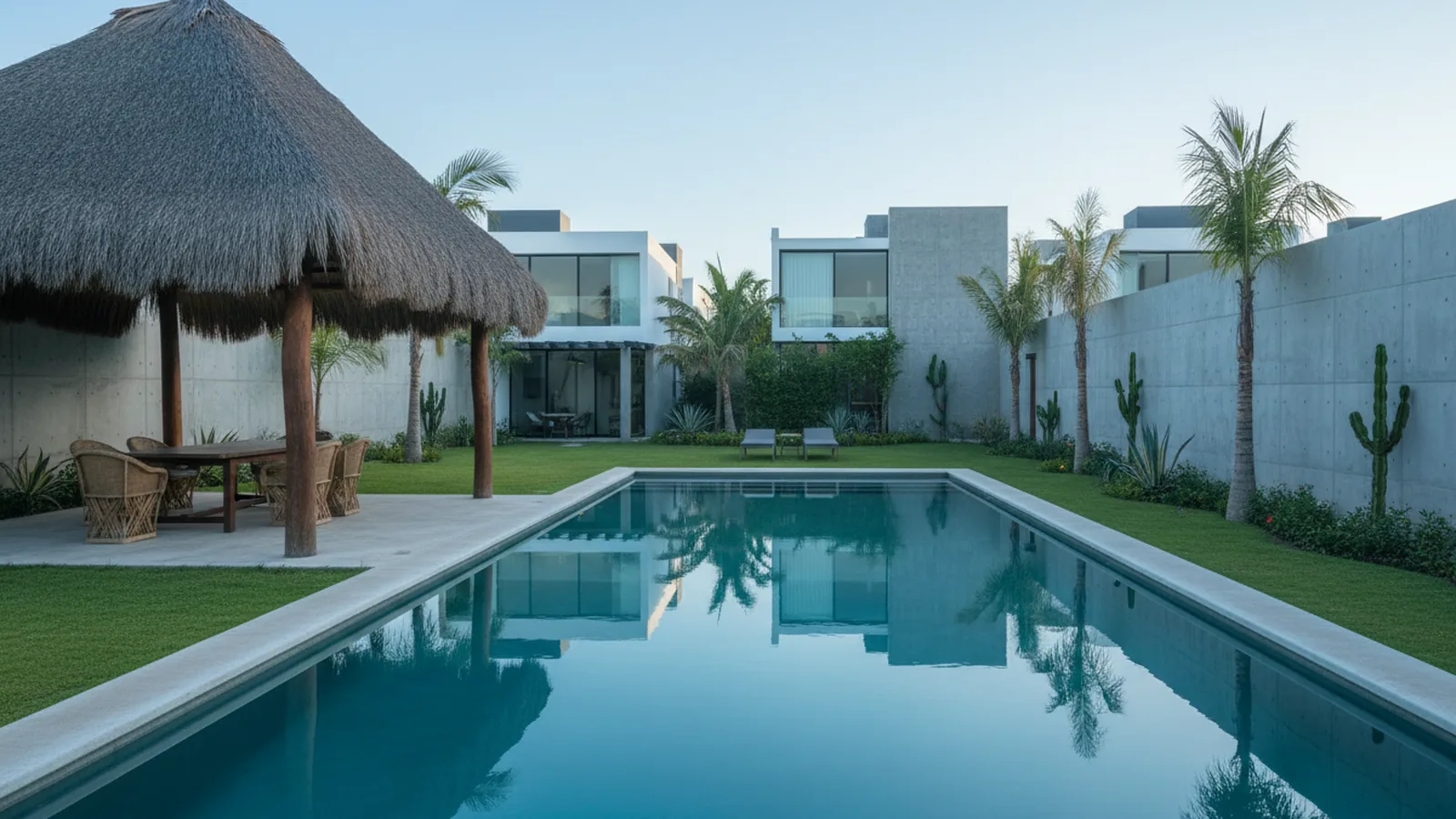 Alberca y palapa en las áreas comunes de un fraccionamiento residencial