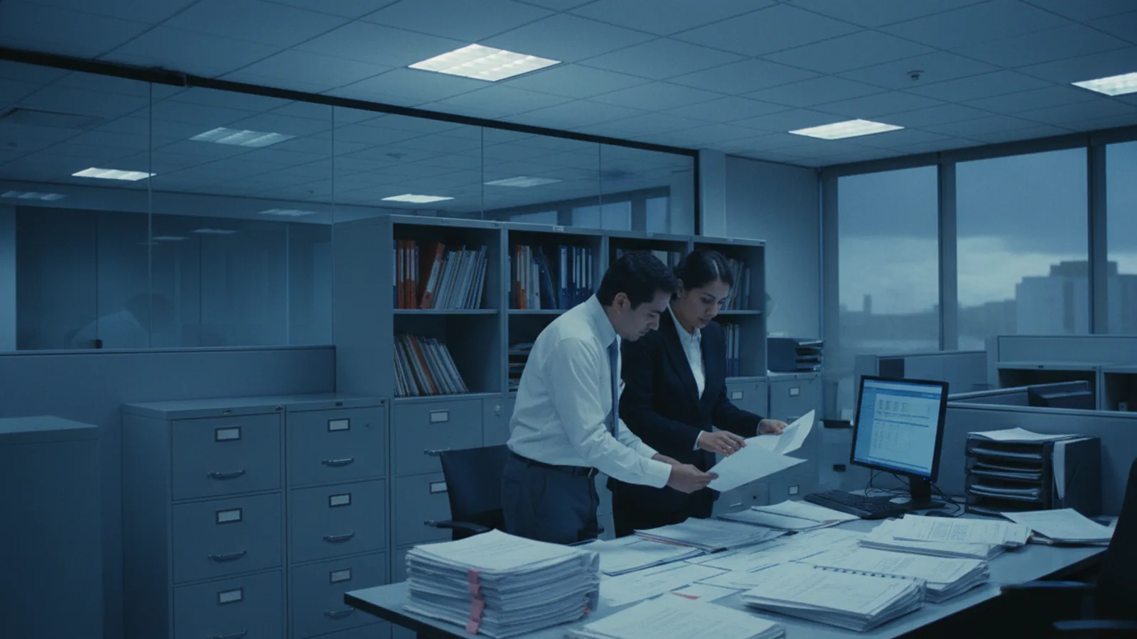 Dos personas revisando documentos junto a un monitor en el área administrativa de un corporativo