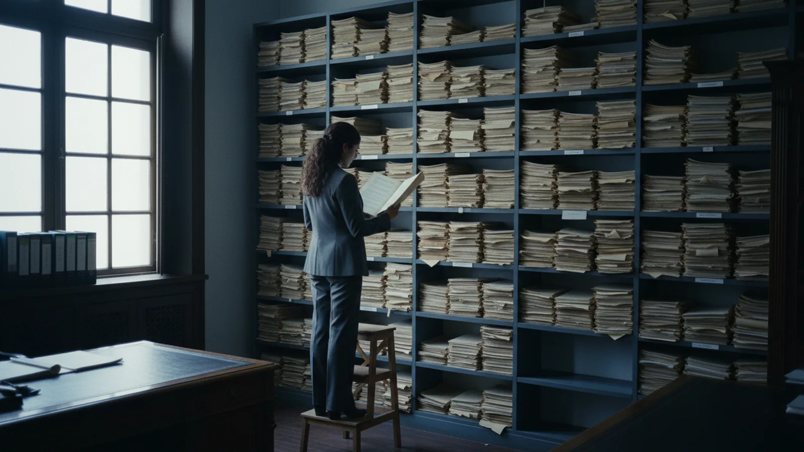 Abogada consultando una carpeta frente al archivo de expedientes de un despacho
